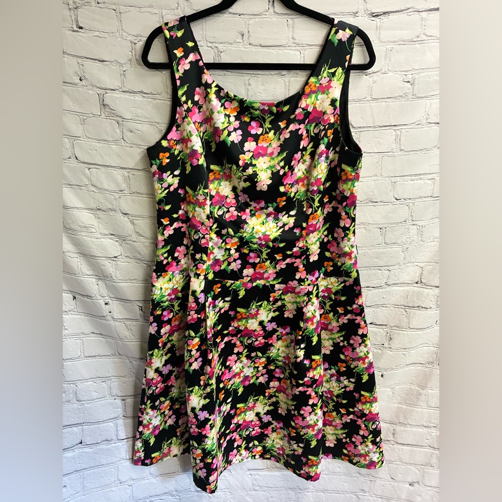 Talbot’s Dress Womens Black Bright Floral Print Sleeveless Pleated Flare Mini 16